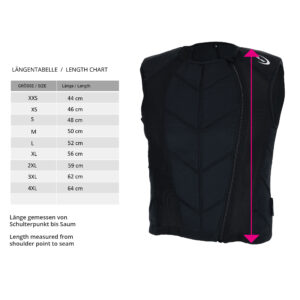 Size chart and small photo of cooling vest Race by E.COOLINE