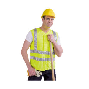 Construction worker wearing an SX3 cooling vest with reflectors from E.COOLINE in signal yellow