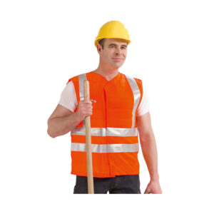 Construction worker wearing an SX3 cooling vest with reflectors from E.COOLINE in signal orange