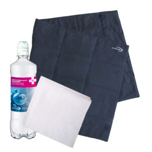 World's first Heat Emergency Kit – illustration of cooling blanket, water bottle, and drying towels