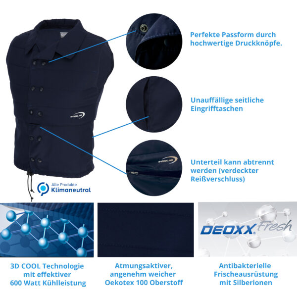 Product features for E.COOLINE Repower Vital Cooling Vest in blue