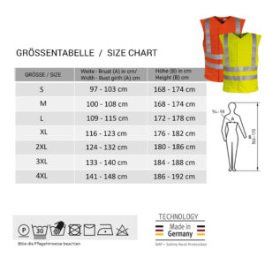 Size chart and small photo of the SX3 high-visibility vests from E.COOLINE