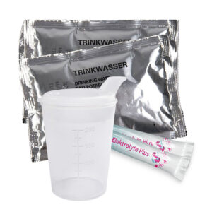 World's first Heat Emergency Kit – electrolyte powder, drinking cup, and drinking water