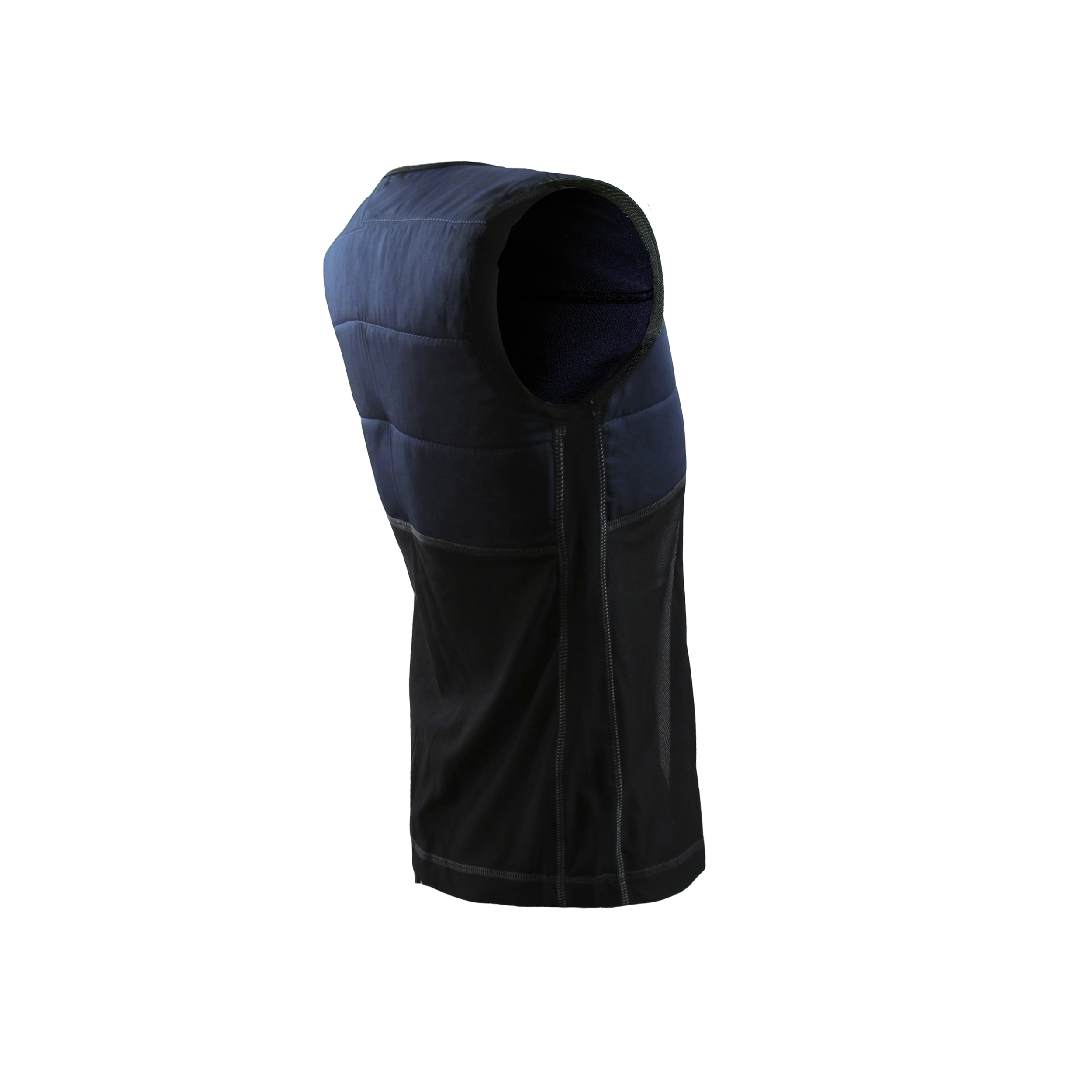 Repower Kids Cooling Vest with front zipper by E.COOLINE, two-tone blue/black, side view, medical device