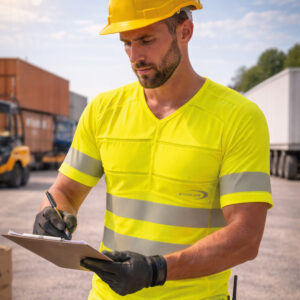 Logistics employee wears PowerSignal T-shirt SX3 with reflectors from E.COOLINE in signal yellow.