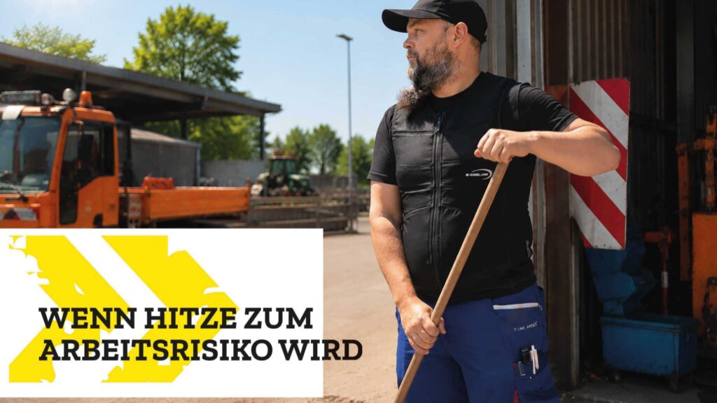 Pressetext Arbeitsschutz - aber sicher: Wenn Hitze zum Arbeitsrisiko wird - Arbeiter mit E.COOLINE Kühlkleidung